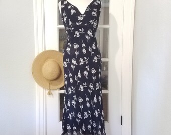 90's navy blue & white floral maxi dress sleeveless sheer lined flattering bias cut silhouette-LG