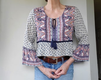 Upcycled floral crop top boho 3/4 sleeve M/L