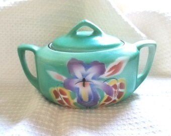 Vtg sugar bowl w/lid by Grov Sax E.S.  Germany green porcelain hand painted floral 2 handles with lid