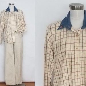 Vintage women's size large ivory plaid cotton blouse embroidered denim collar button down long sleeve Erika Classics afbeelding 1