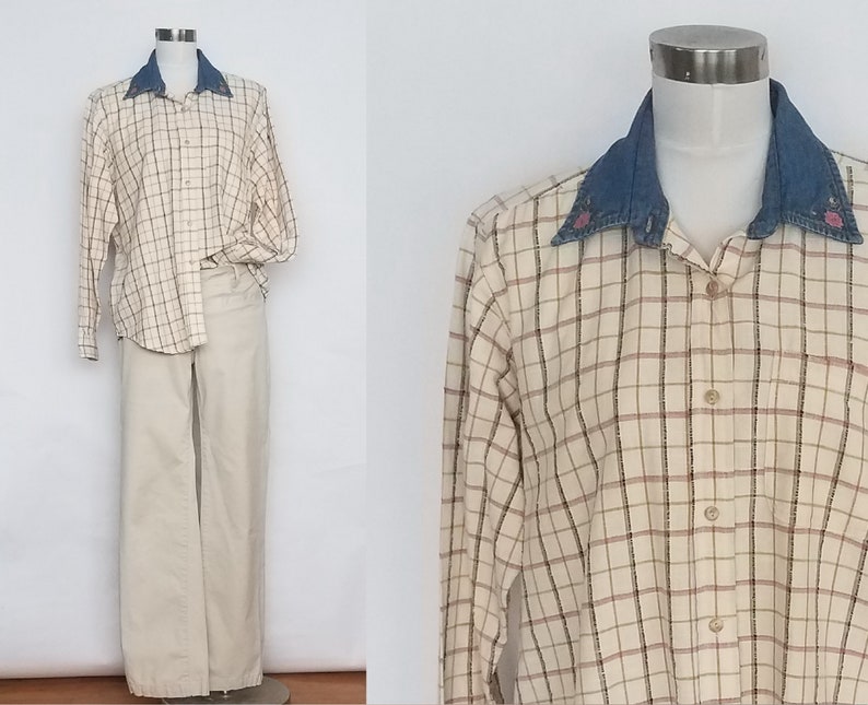 Vintage women's size large ivory plaid cotton blouse embroidered denim collar button down long sleeve Erika Classics afbeelding 1