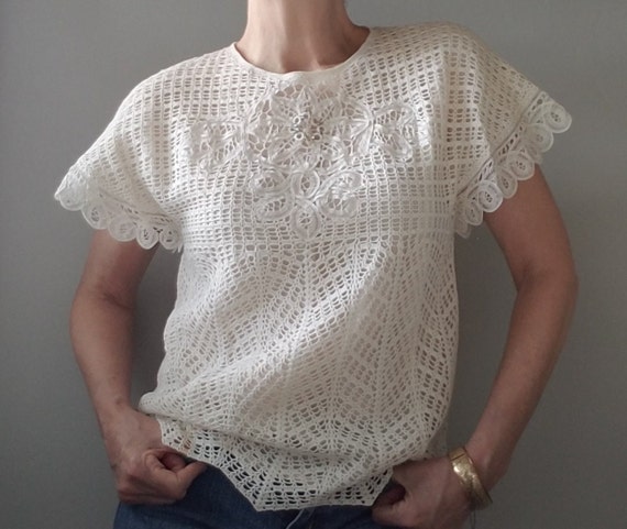 90's Romantic Ivory Top Victorian Style Top Croch… - image 5