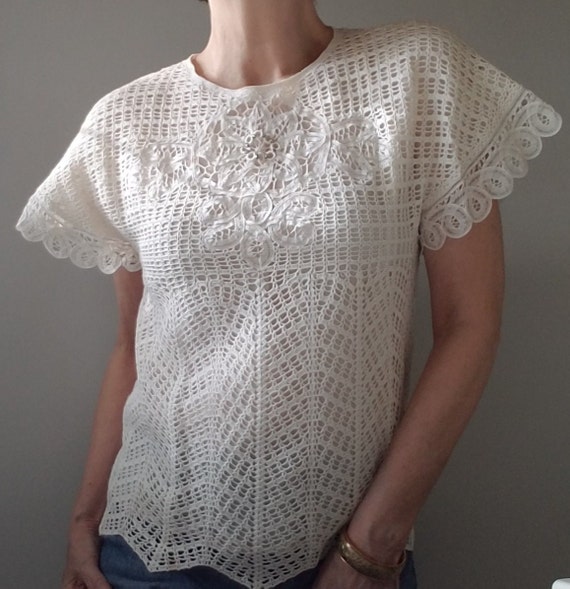 90's Romantic Ivory Top Victorian Style Top Croch… - image 2