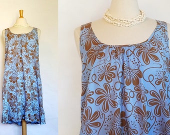 Hawaiian blue & brown floral summer dress w/pockets