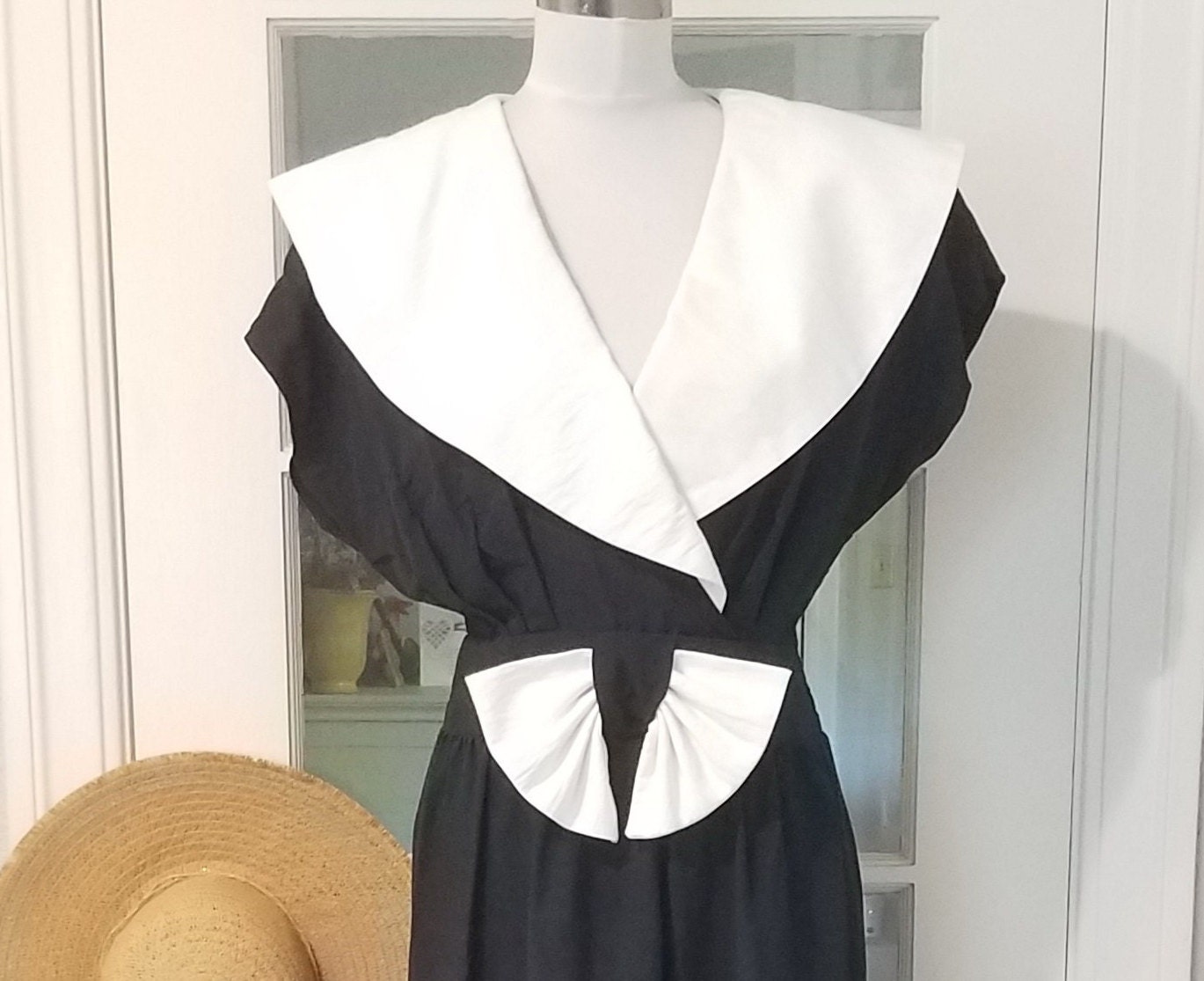 80's Deadstock Black Double Layer Dress with White Collar and Gold Buttons by Taurus main image 1