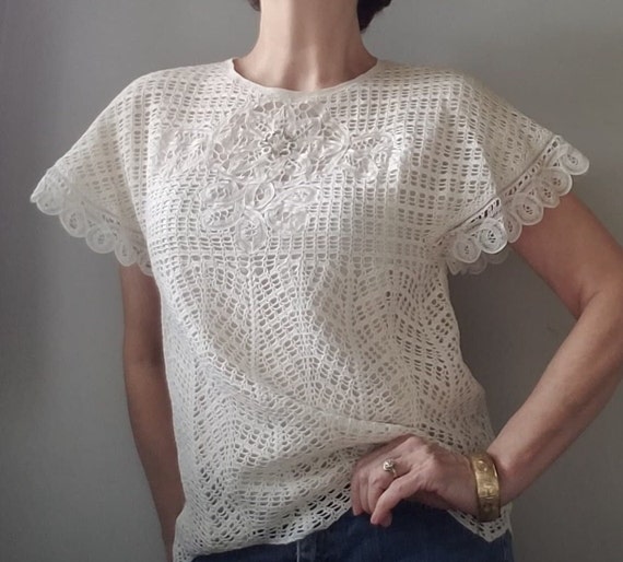 90's Romantic Ivory Top Victorian Style Top Croch… - image 1