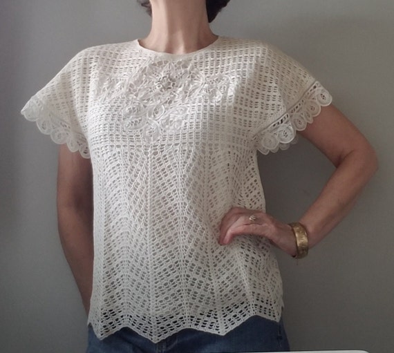 90's Romantic Ivory Top Victorian Style Top Croch… - image 4