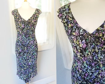 90's floral sleeveless dress v-neck ruffle trim bias cut flutter hem-12