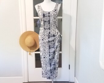 Vtg navy blue/ivory bohemian ankle length summer dress resort wear poolside sexy hip tie-sm