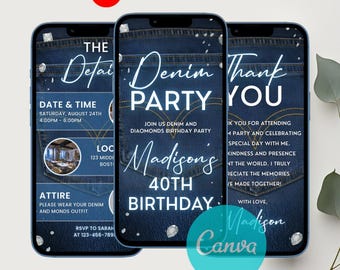 Digital Denim Birthday Party Video Invitation, Editable Blue Jeans Dinner Evite, Template Denim Diamonds Evite Denim Invite, Canva Template