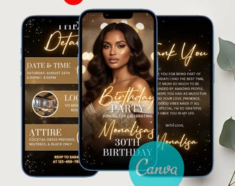 Editable Luxury Black And Gold Birthday Party Invitation Video Template, Women’S 30Th 40Th 50Th Birthday Dinner Digital Evite Canva Template