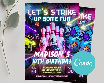 Editable Bowling Birthday Invite, Printable Strike Theme Party Invitation, Fun Kids Birthday Card, Digital Boy Birthday Invite