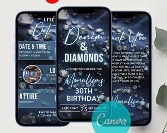 Denim And Diamonds Birthday Invitation, Denim And Diamonds Party Invite, Editable Denim Birthday Dinner Invites, Digital Template