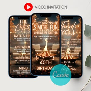 Digital inbjudan till brasfest, inbjudan till braslägerfest, digital födelsedagsinbjudan till Smore Fun Evite, inbjudan till brasa i trädgården, födelsedag