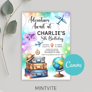 Può includere: Un invito di compleanno colorato con il testo "Adventure Await at Charlie's 8th Birthday". Il design include illustrazioni di aerei, una mappa, una bussola, valigie impilate e un mappamondo. L'invito include anche la data, l'ora e il luogo.