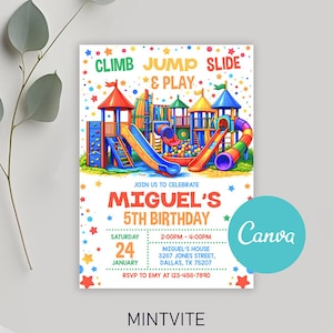 Spielplatz-Geburtstagsfeier-Einladung, Soft Play Klettern, Party im Freien, Party im Park Outdoor Geburtstag einladen, bearbeitbare Canva BI185