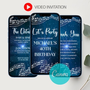 Puede incluir: Diseño de invitación de video que se muestra en tres teléfonos inteligentes. El diseño presenta un fondo azul oscuro estrellado con notas musicales. El texto incluye "Let's Party", "40 cumpleaños de Michael" y detalles del evento. Un logotipo de Canva es visible.