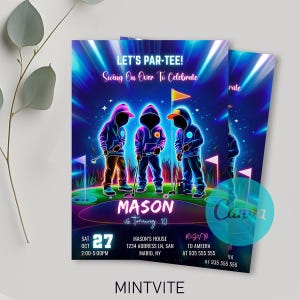 Glow Golf Birthday Invitation Template: Neon Sports Party (Digital Download)