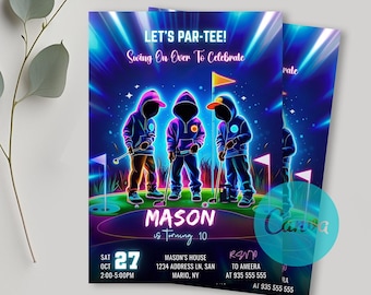 Invito di compleanno a tema golf fluorescente: festa sportiva al neon (download digitale)