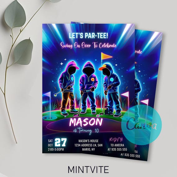 Glow Golf Birthday Invitation Template: Neon Sports Party (Digital Download)