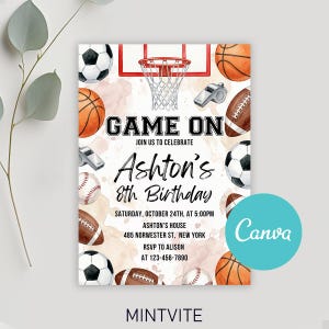 Könnte beinhalten: Eine Geburtstagseinladung zum Thema Sport mit einem Aquarelldesign. Die Einladung zeigt Basketbälle, Fußbälle, Basebälle und American Footballs. Der Text enthält "GAME ON" und "Ashtons 8. Geburtstag". Die Canva- und Mintvite-Logos sind ebenfalls sichtbar.