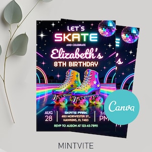 May include: A colourful roller skating-themed birthday invitation. The design includes roller skates, a rainbow, and the text "Let's Skate" and "Elizabeth's 8th Birthday". The date and location are also displayed on the invitation.