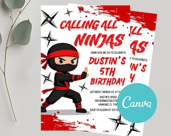 Ninja Birthday Party Invitation, Martial Arts Theme Invite, Editable Canva Template, Kids Boy Girl Party, Printable Digital Download