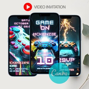 Gamer Girl Birthday Video Invitation: Neon Level Up Party (Editable Canva Template)