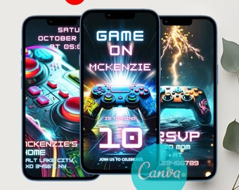 Video invitación de cumpleaños para chica gamer: Fiesta neón de nivel superior (plantilla editable de Canva)