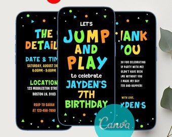 グロージャンプパーティーの誕生日招待状、トランポリンパークの遊び場の誕生日、Canvaテンプレート