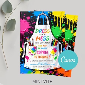 Pode incluir: Um convite colorido para uma festa de aniversário com tema de arte, apresentando um design de avental branco com respingos de tinta. O texto diz "Dress for a Mess" e inclui detalhes da festa para o 5º aniversário de Sofia.