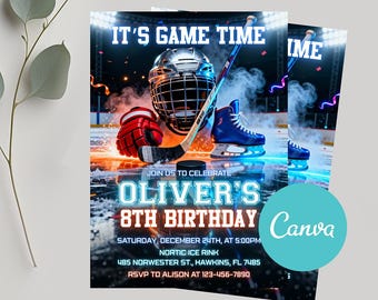 Ice Hockey Birthday Invitation, Editable Digital Invite, Sports Party Theme, Printable Hockey Design, Instant Download, Canva Template