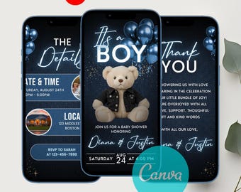 Digitale Tedby Bear denim babyshower uitnodiging reisplan sjabloon, we kunnen niet wachten, It's A Boy Invite, bewerkbare denim video-uitnodiging