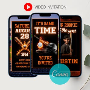 Puede incluir: Tres pantallas de smartphone que muestran invitaciones de video con temática de béisbol. Las invitaciones presentan texto como "It's Game Time" y "You're Invited", junto con bates de béisbol, una pelota y un niño sosteniendo un bate. El logotipo de Canva es visible.