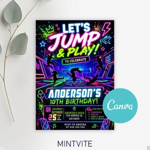 Editable Trampoline Park Birthday Invitation, Kids Birthday Digital Invite, Jump Party Invite, Editable Canva , Digital Download BM344
