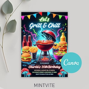 Può includere: Un invito vivace per una festa di 30 anni a tema barbecue. Il design presenta una griglia rossa, hamburger, patatine fritte e il testo "Let's Grill & Chill". L'invito include i dettagli dell'evento e i loghi Canva e Mintvite.