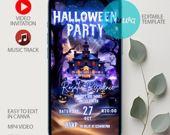 Animated Halloween Party Video Invitation: Skull Pumpkin Design (Digital Download, DIY Template)