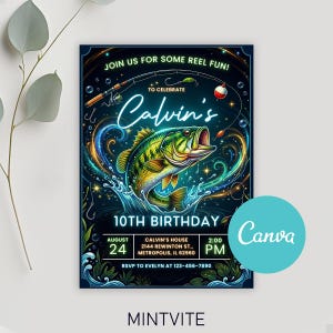 Può includere: Un invito vivace per il 10° compleanno di Calvin, con un'illustrazione di un pesce persico che salta. Il design include elementi a tema pesca, il testo "Join us for some reel fun!" e i dettagli dell'evento. L'invito è nei toni del blu, verde e giallo.
