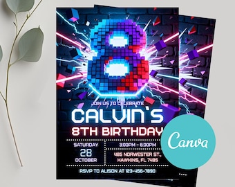 8Th Birthday Invitation Template, Editable Boy Birthday Invite, Boy Invitation, Building Blocks, Editable Canva Template