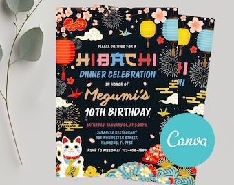 May include: A black invitation with Japanese-themed illustrations, including lanterns, fireworks, and a lucky cat. The text reads "Hibachi Dinner Celebration" in honor of Megumi's 10th birthday, with event details and RSVP information.