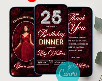 Red Rose Digital Birthday Dinner Invitation, Editable Party Template, Elegant Animated Design, Instant Birthday Invite, Canva Format