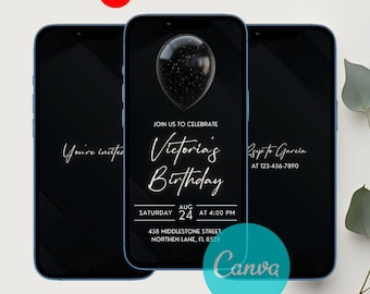 Black Elegant Birthday Video Invitation, Digital Birthday Party Invite, Birthday Dinner Invite, Editable Template, Text, Birthday Party