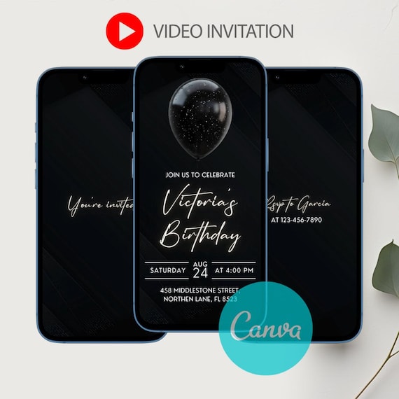 Black Elegant Birthday Video Invitation, Digital Birthday Party Invite, Birthday Dinner Invite, Editable Template, Text, Birthday Party