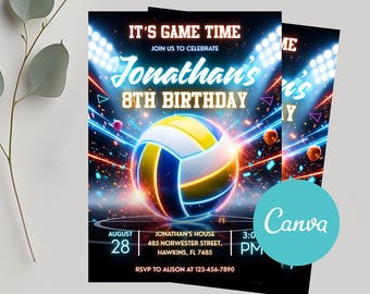 Volleyball Birthday Party Invitation, Sports Theme Digital Invite, Editable Canva Template, Custom Name & Age, Printable Volleyball Invite