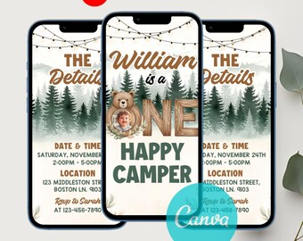 One Happy Camper Birthday Invitation, Boy Happy Camper Invitation, Camping 1St Birthday, Boy First Birthday, Canva Editable Invitation