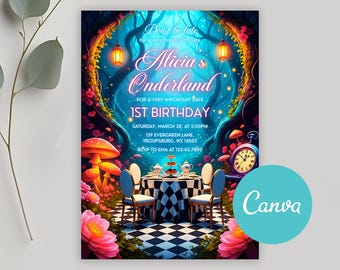 Bewerkbare Wonderland verjaardagsuitnodiging, 1e verjaardag meisje uitnodiging, grillige Tea Party, grillige Tea Party uitnodiging, bewerkbare Canva BI152