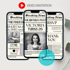 Könnte beinhalten: Ein digitales Video-Einladungsdesign, das auf drei Smartphones angezeigt wird. Das Design enthält Textelemente wie „Breaking News“ und „Victoria Turns 26“ mit einem Foto einer Frau, die einen Kuchen hält.