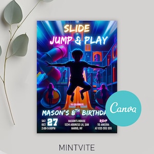 Può includere: Un invito vivace per la festa dell'8° compleanno di Mason. Il design presenta un bambino in silhouette a mezz'aria in un parco giochi al coperto illuminato al neon con le parole "SLIDE JUMP & PLAY". Include data, ora, luogo e informazioni RSVP.