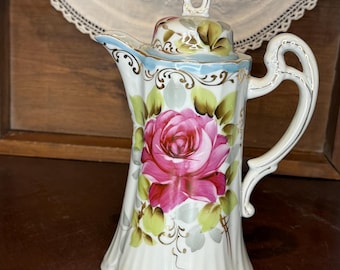 Antique Nippon Chocolate Pot – Hand-Painted Roses with Blue & Gold Detail – Elegant Vintage Porcelain