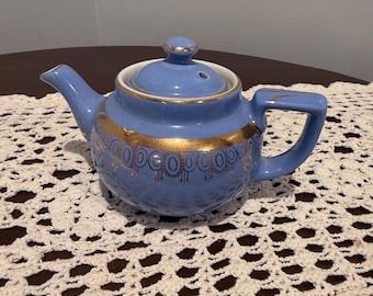 Vintage Hall Pottery Teapot, 2-Cup MCM Blue with Gold Accents